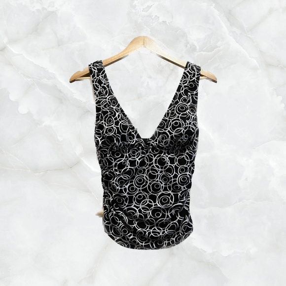 Black Deep V-neck Blouse with White Circle Prints - Picture 1 of 5